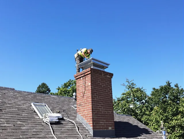 Wayland Chimney Sweep technician measuring a chimney cap in Wayland, MA