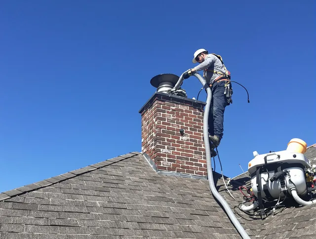 Dedicated Wayland Chimney Sweep team member cleaning a chimney in Wayland, MA