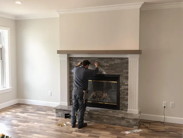 Wayland Chimney Sweep finishing a custom fireplace install in Wayland, MA